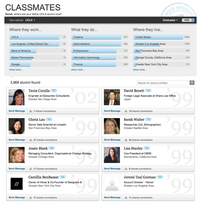 LinkedIn Classmates Home page